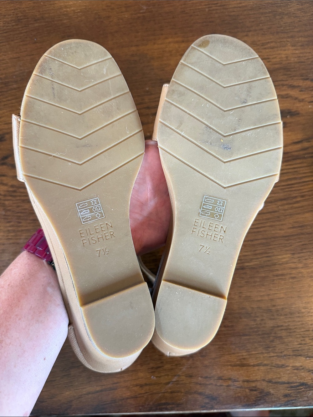 Eileen Fisher Beige Tan Leather Ankle-Strap Wedge Sandals - Picture 4 of 4
